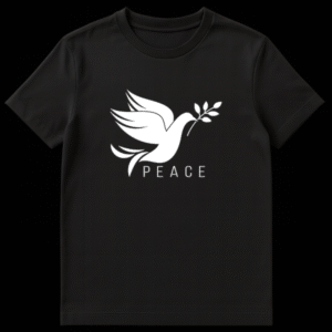 Minimalist white dove with olive branch and 'PEACE' text on a black background t-shirt design. on Black t-shirt