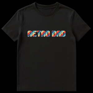 RETRO DAD t-shirt with blocky letters, diagonal stripes in retro colors (dark blue, teal, red, yellow), distressed texture, and white outline on a black background on Black t-shirt