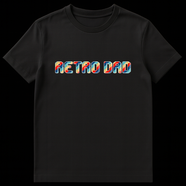 RETRO DAD t-shirt with blocky letters, diagonal stripes in retro colors (dark blue, teal, red, yellow), distressed texture, and white outline on a black background on Black t-shirt