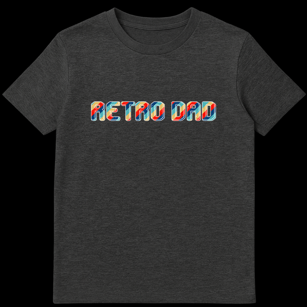 RETRO DAD t-shirt with blocky letters, diagonal stripes in retro colors (dark blue, teal, red, yellow), distressed texture, and white outline on a black background on Dark Heather t-shirt