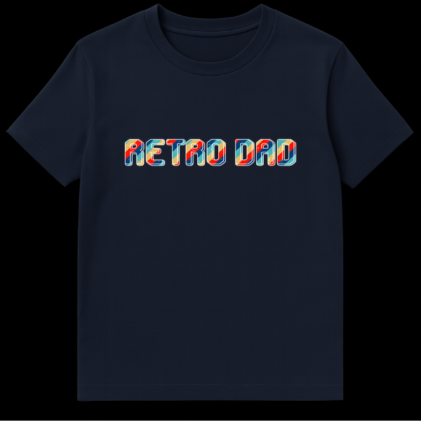 RETRO DAD t-shirt with blocky letters, diagonal stripes in retro colors (dark blue, teal, red, yellow), distressed texture, and white outline on a black background on Navy Blue t-shirt