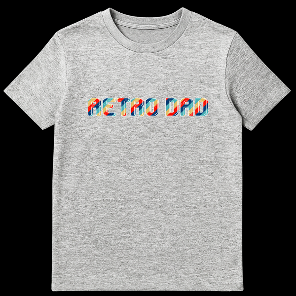 RETRO DAD t-shirt with blocky letters, diagonal stripes in retro colors (dark blue, teal, red, yellow), distressed texture, and white outline on a black background on Sports Grey t-shirt