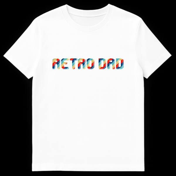 RETRO DAD t-shirt with blocky letters, diagonal stripes in retro colors (dark blue, teal, red, yellow), distressed texture, and white outline on a black background on White t-shirt