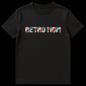 Black t-shirt with 'RETRO MOM' in thick, striped, distressed letters outlined in white, evoking a retro and nostalgic feel for mothers. on Black t-shirt