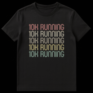 Black t-shirt with '10K RUNNING' repeated five times in a distressed, retro 70s/80s style font, featuring a muted color gradient from reddish-orange to teal. on Black t-shirt