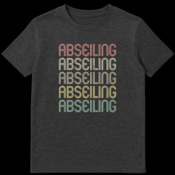 ABSEILING retro multi-lined distressed font t-shirt design for rock climbing enthusiasts on Dark Heather t-shirt