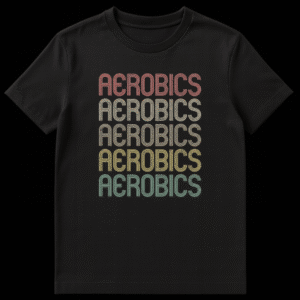 Retro Vibe T-Shirt featuring a multiline striped font in the style of 70s disco and 80s arcade aesthetics with a distressed texture and rounded edges, on a plain background. on Black t-shirt