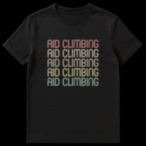 Aid Climbing stacked text t-shirt with distressed retro font in changing colors on a black background on Black t-shirt