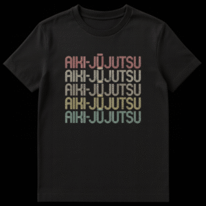 AIKI-JŪJUTSU t-shirt with retro multi-line font design for martial arts practitioners on Black t-shirt