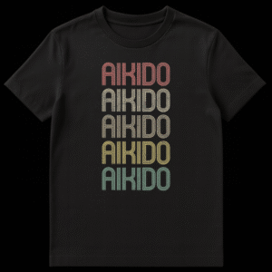 AIKIDO t-shirt with multi-line, retro-style distressed text design for martial arts enthusiasts on Black t-shirt