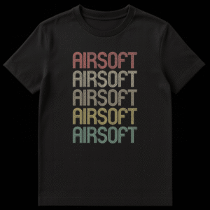AIRSOFT stacked word t-shirt with colorful distressed text on black background on Black t-shirt