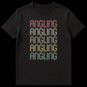 Retro 70s 80s ANGLING stacked text t-shirt with distressed vintage look for fishing enthusiasts on Black t-shirt