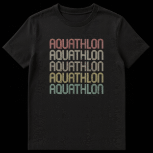 Vintage AQUATHLON t-shirt with stacked rainbow-colored text in a distressed outline font, on a black background. on Black t-shirt
