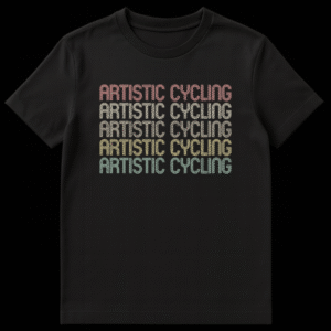 Artistic Cycling t-shirt with stacked, multi-colored retro text design on black background on Black t-shirt