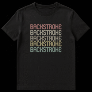 Backstroke Swimming T-Shirt with retro multi-line font on Black t-shirt
