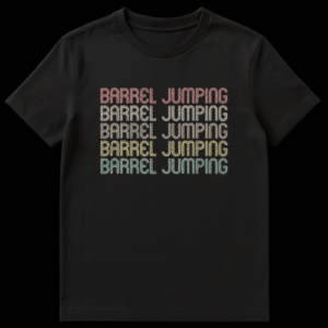 White t-shirt with black text repeating 'BARREL JUMPING' five times, signifying retro arcade gaming on Black t-shirt