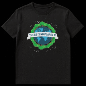 Minimalist graphic design t-shirt with a blue Earth, green trees, and 'THERE IS NO PLANET B' text on a black background. on Black t-shirt