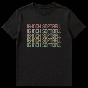 16-Inch Softball Player T-Shirt with repeated '16-INCH SOFTBALL' text in white on a dark background. on Black t-shirt