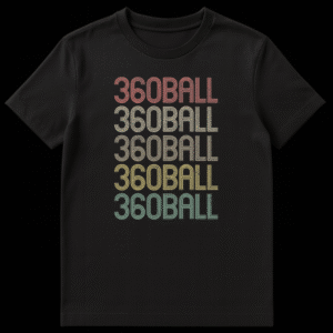 White t-shirt with '360BALL' repeated five times vertically in bold, clean text on Black t-shirt