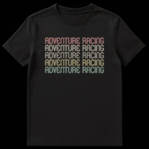 Adventure Racing T-Shirt with the text 'ADVENTURE RACING' repeated five times in a stacked format on Black t-shirt