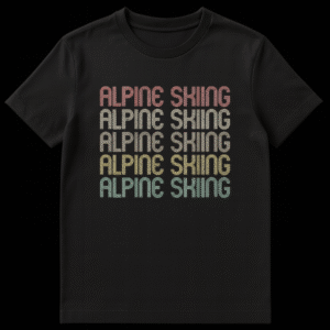 White unisex t-shirt featuring 'ALPINE SKIING' text in a retro multi-line, rounded sans-serif font. on Black t-shirt
