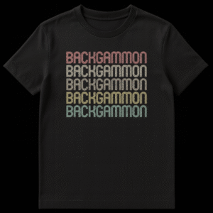 Vertically stacked "BACKGAMMON" text in retro striped font with a rainbow color gradient on a black t-shirt. on Black t-shirt