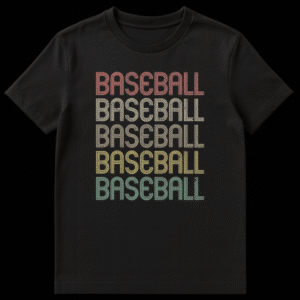 Five instances of the word BASEBALL stacked vertically, each in a different retro color with a grunge texture against a black background. on Black t-shirt