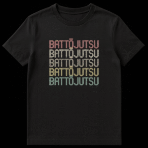 Vintage multi-color stacked text t-shirt design for Battōjutsu practitioners, featuring the word 'BATTŌJUTSU' five times in a distressed, retro font against a black background. on Black t-shirt