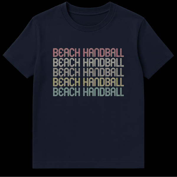Beach Handball T-Shirt featuring "BEACH HANDBALL" text repeated five times in bold white font on a black background on Navy Blue t-shirt