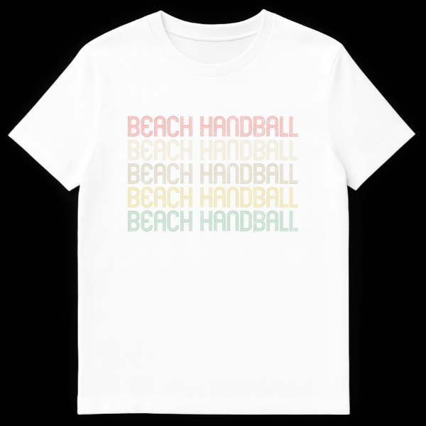 Beach Handball T-Shirt featuring "BEACH HANDBALL" text repeated five times in bold white font on a black background on White t-shirt