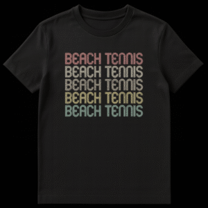 Beach Tennis T-Shirt with 'BEACH TENNIS' text repeated five times in a stack on Black t-shirt