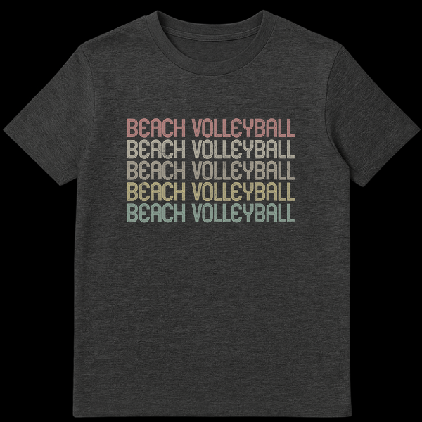 Black t-shirt with stacked, repeating 'BEACH VOLLEYBALL' text in retro faded coral, beige, yellow, olive, and teal colors. on Dark Heather t-shirt