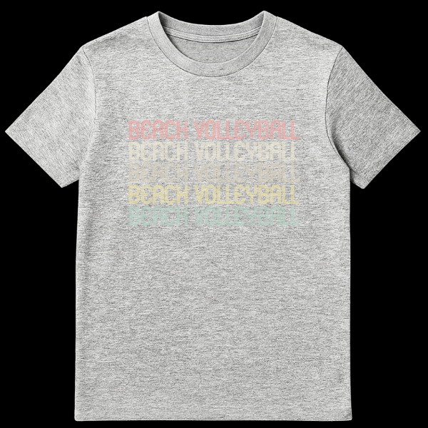 Black t-shirt with stacked, repeating 'BEACH VOLLEYBALL' text in retro faded coral, beige, yellow, olive, and teal colors. on Sports Grey t-shirt