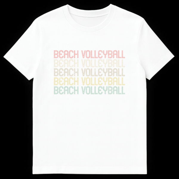 Black t-shirt with stacked, repeating 'BEACH VOLLEYBALL' text in retro faded coral, beige, yellow, olive, and teal colors. on White t-shirt
