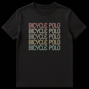 BICYCLE POLO repeated five times in retro striped distressed font with vintage faded colors on a black t-shirt on Black t-shirt