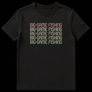 Retro Big-Game Fishing T-Shirt with stacked, multi-colored vintage text on black background on Black t-shirt