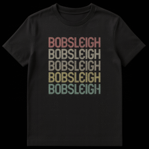 Stacked 'BOBSLEIGH' word art t-shirt in vintage colors, coral, beige, gold, and teal outlines on black background, distressed texture. on Black t-shirt