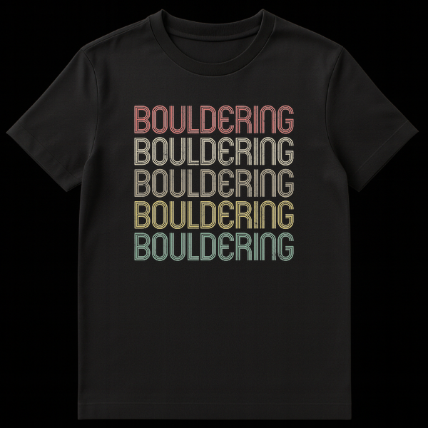 Bouldering stacked text t-shirt with retro typography in earthy tones on black background on Black t-shirt