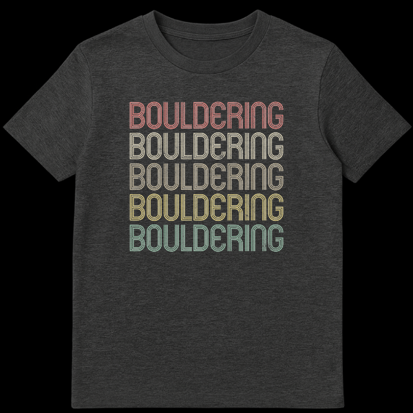 Bouldering stacked text t-shirt with retro typography in earthy tones on black background on Dark Heather t-shirt