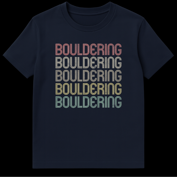 Bouldering stacked text t-shirt with retro typography in earthy tones on black background on Navy Blue t-shirt
