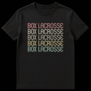 Unisex t-shirt with 'BOX LACROSSE' text repeated five times in stacked format, each line in a different color on Black t-shirt