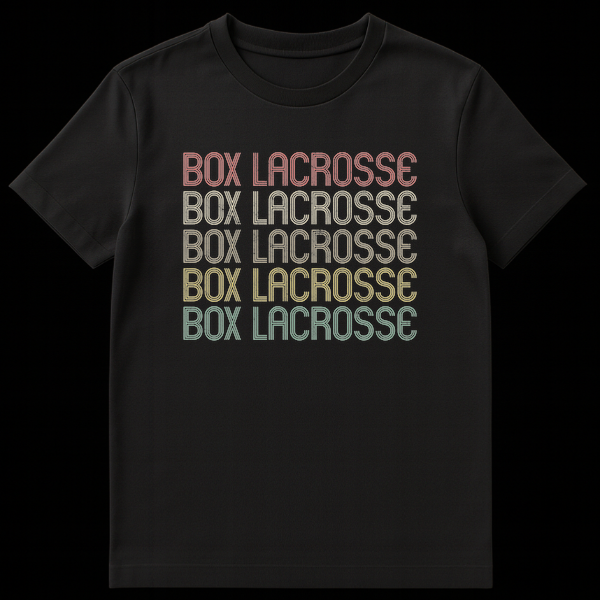 Unisex t-shirt with 'BOX LACROSSE' text repeated five times in stacked format, each line in a different color on Black t-shirt