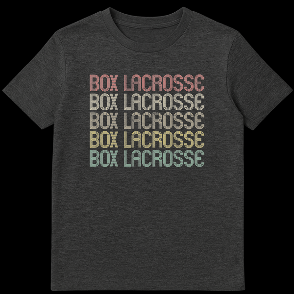 Unisex t-shirt with 'BOX LACROSSE' text repeated five times in stacked format, each line in a different color on Dark Heather t-shirt