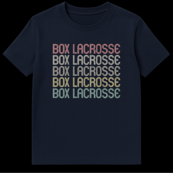 Unisex t-shirt with 'BOX LACROSSE' text repeated five times in stacked format, each line in a different color on Navy Blue t-shirt