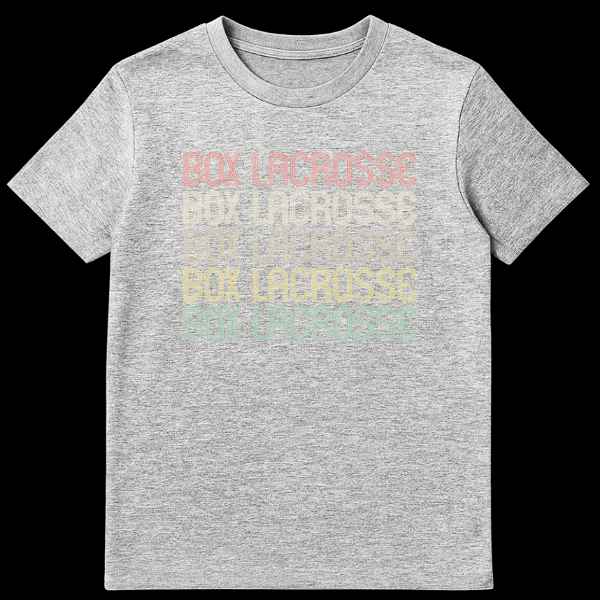 Unisex t-shirt with 'BOX LACROSSE' text repeated five times in stacked format, each line in a different color on Sports Grey t-shirt