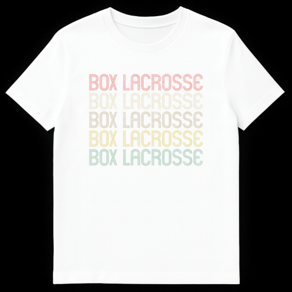 Unisex t-shirt with 'BOX LACROSSE' text repeated five times in stacked format, each line in a different color on White t-shirt