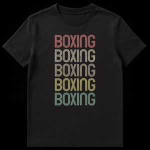 Black t-shirt with 'BOXING' repeated five times vertically in different colors: salmon pink, beige, light brown, golden yellow, and mint green, in a retro, distressed font. on Black t-shirt