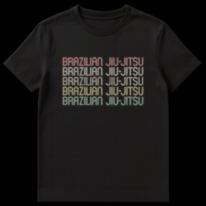 Retro Brazilian Jiu-Jitsu stacked text design t-shirt with rainbow sunset colors and distressed texture on a black background on Black t-shirt