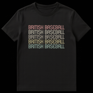 British Baseball t-shirt with retro striped outline font and distressed texture in red on Black t-shirt