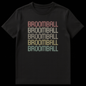 Black t-shirt with 'BROOMBALL' stacked five times in a vertical gradient: reddish-orange, light beige, golden yellow, faded teal, and muted mint green, each in a multi-line outlined style. on Black t-shirt